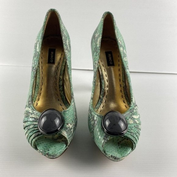 Women's Mimco Size 37 Green Reptile Print Peep Toe Stiletto High Heel Shoes - Picture 2 of 10